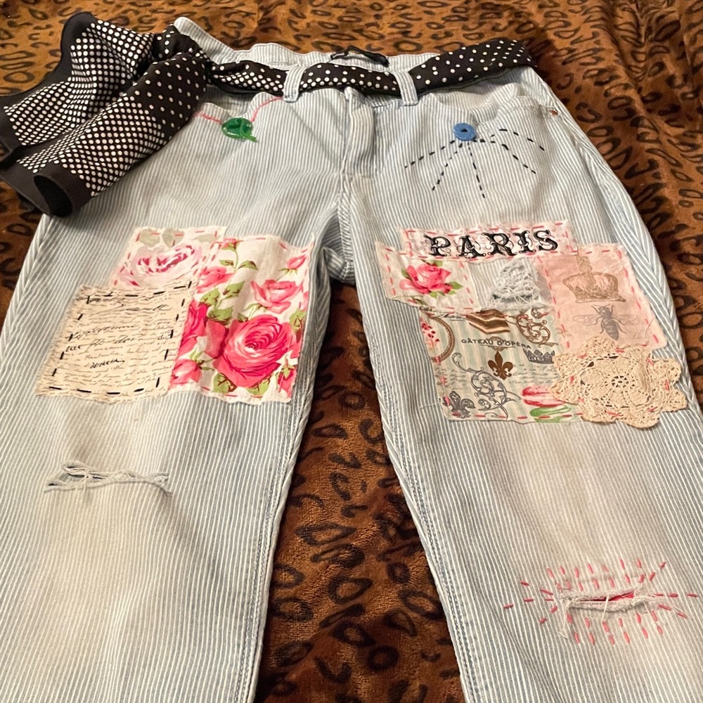 Women's Striped Patchwork Straight Leg Jeans